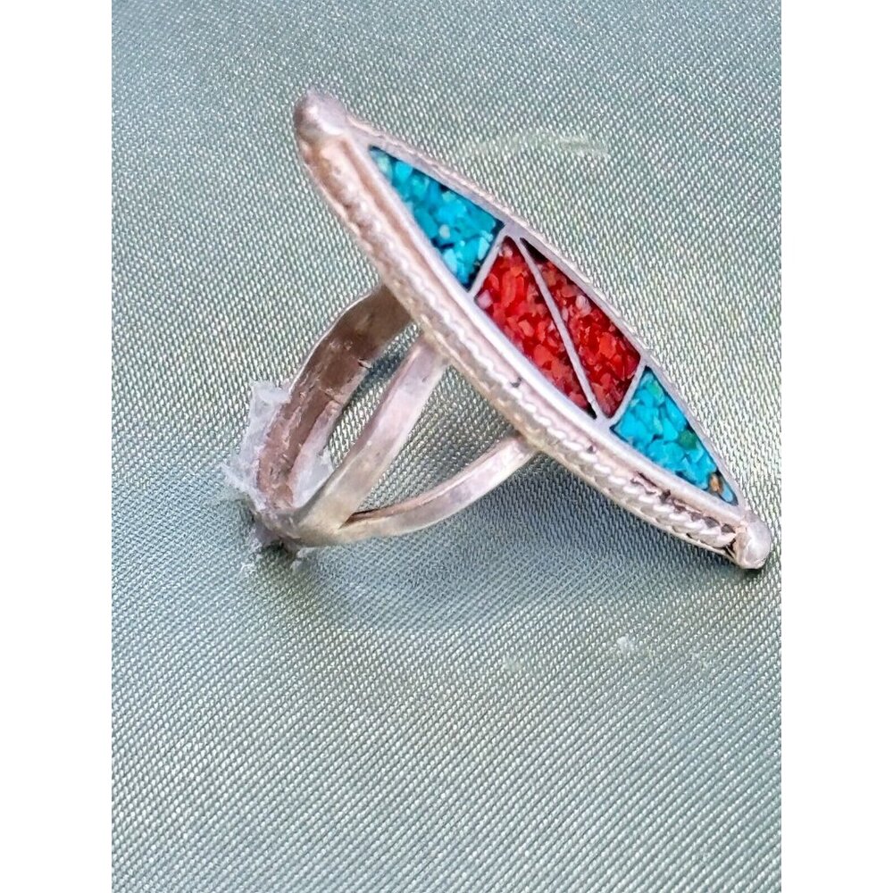 Navajo Native American Genuine Turquoise Coral Mosaic Inlay Sterling Ring sz 5.5 - Picture 7 of 10